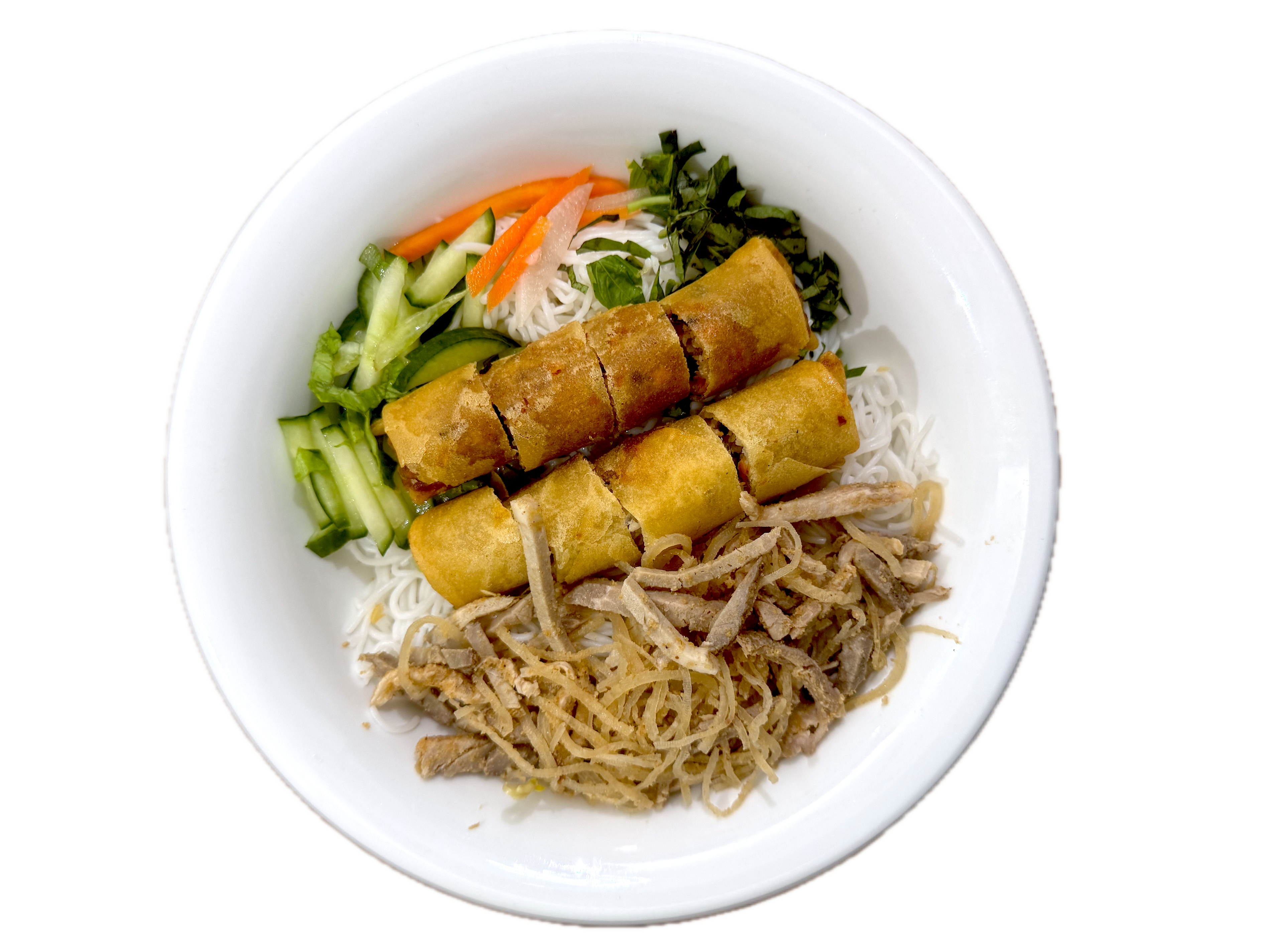 Bún Bì Chả Giò (Bun Bi Cha Gio) - Shredded pork skin and deep-fried spring rolls on vermicelli with assorted vegetables